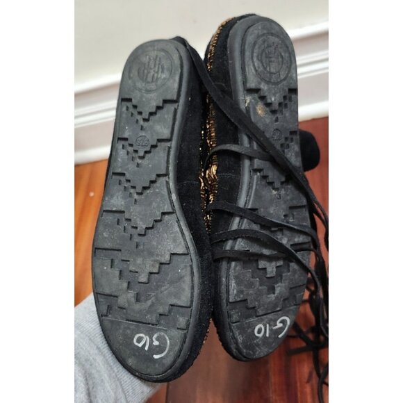 House of Harlow 1960 Beaded Suede Lace-Up Moccasin Boots Black Gold Boho Festiva - Picture 13 of 16